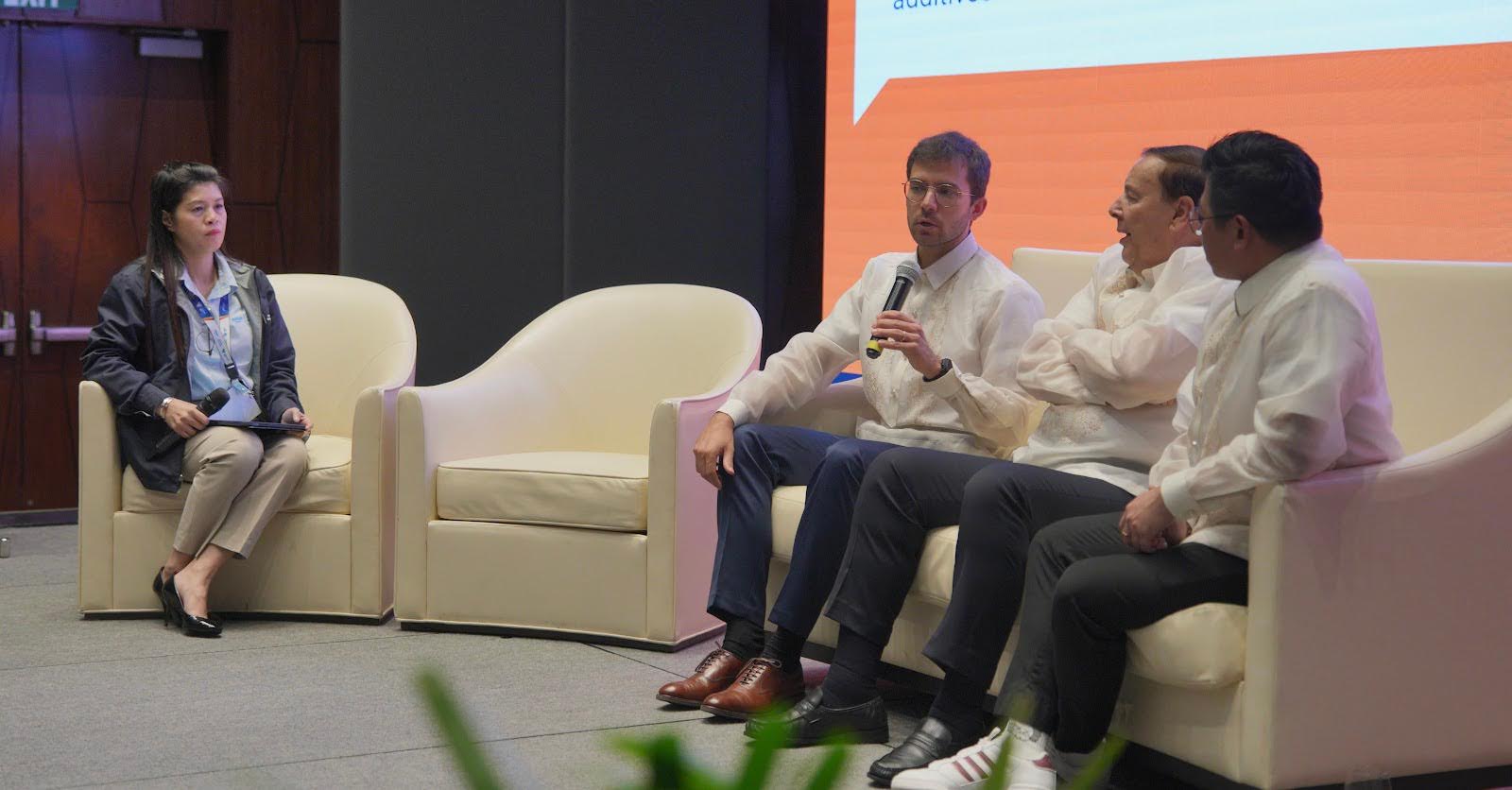 Dr. Mary Ann Carandang, Pilmico’s Nutrition, Innovation &amp; Technical Research Manager, moderates the panel discussion with (from left to right) Dr. Roger Davin, Dr. Bruno Tempesta, and Dr. Maximilian Sim during the Poultry 365 symposium at Hyatt Regency Manila.